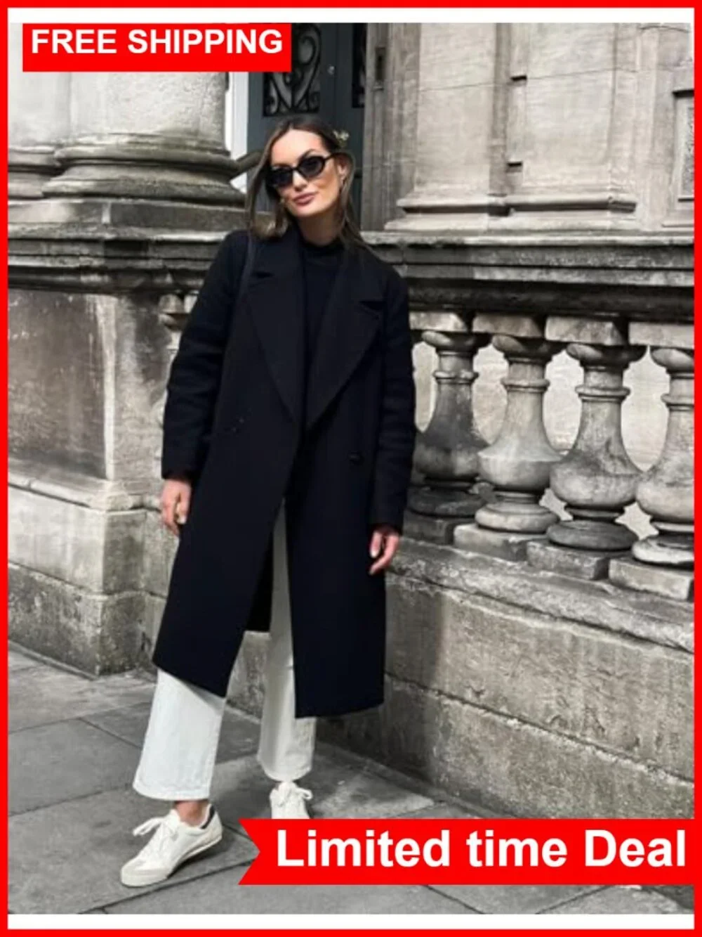 Women's Long Double Breasted Peacoat Notch Lapel Wool Blend Coat
